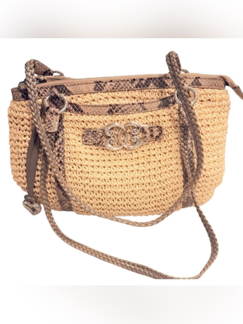 Brighton Beige Woven Crossbody with Snake-Print Trim - Picture 1 of 8